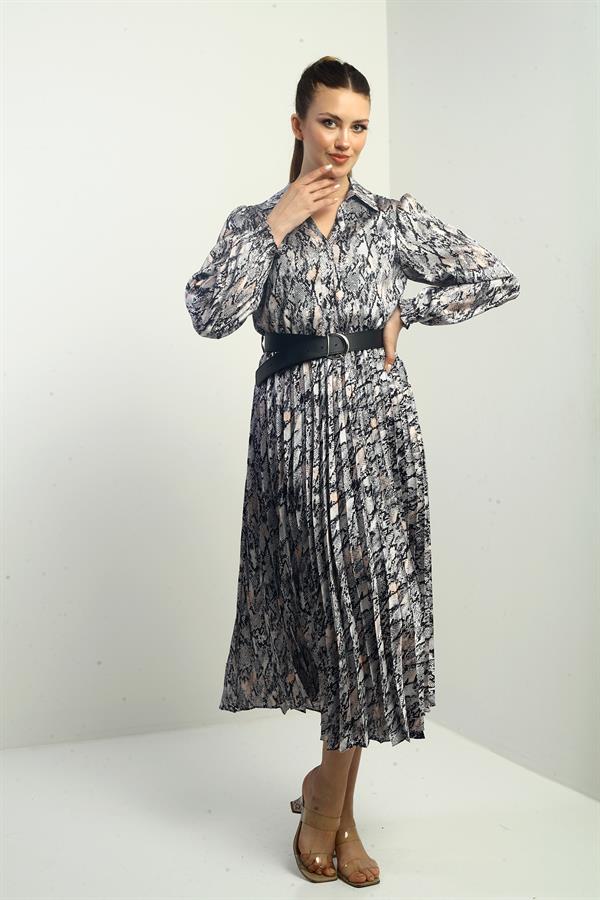 Women's Half-Front Button-Down Belted Lined Snake Pattern Pleated Midi Satin Dress