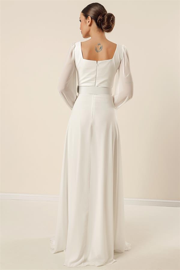 Robe de soirée longue en mousseline doublée, col carré et ceinture à la taille