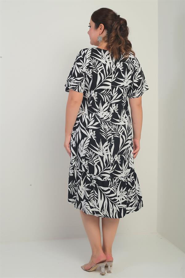 Kadın V Yaka Karışık Yaprak Desenli Cepli Eteği Fırfırlı Büyük Beden Elbise