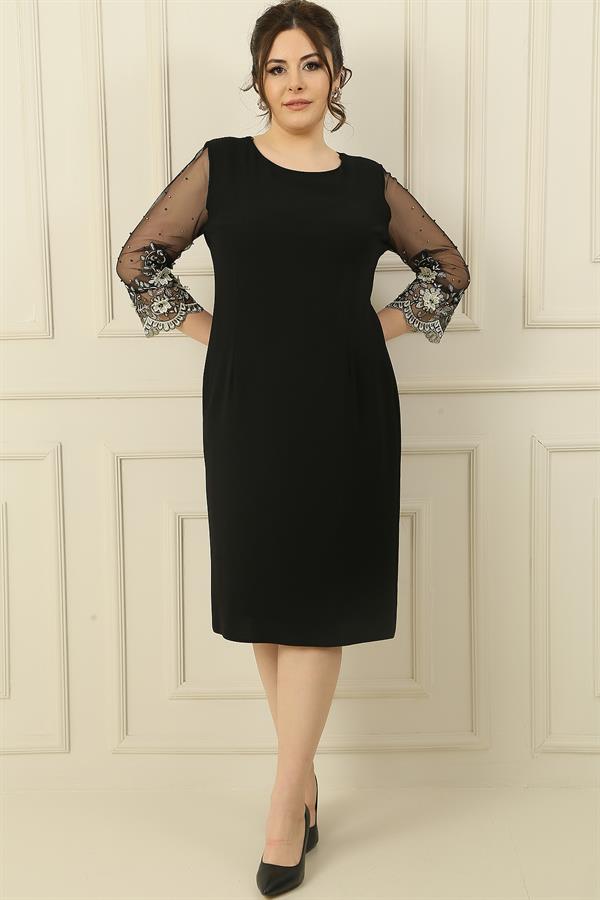 Plus Size Lined Dress with Tulle, Bead and Flower Embroidered Sleeves