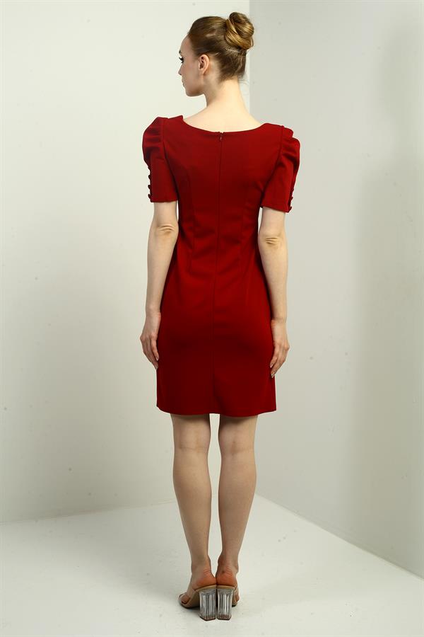 Women's Boat Neck Dress with Buttoned Sleeves, Pleated, and Zipper Back