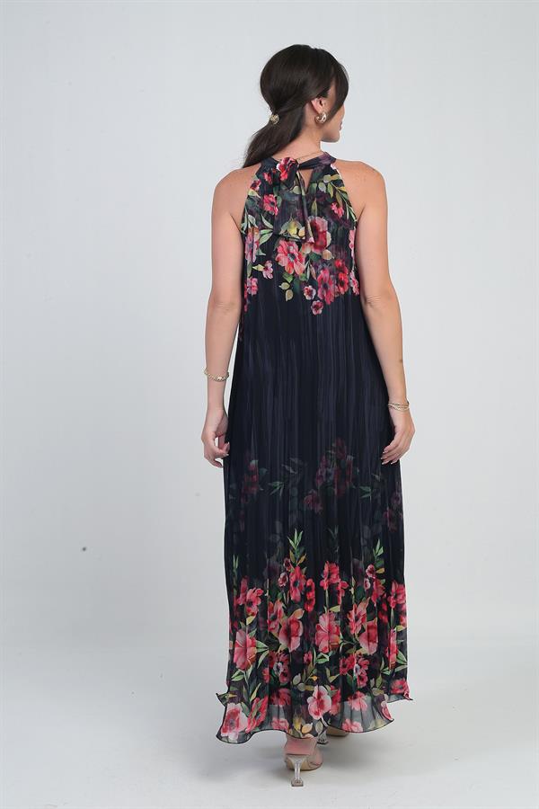 Kadın Çiçek Desenli Astarlı Plisoley Şifon Uzun Elbise