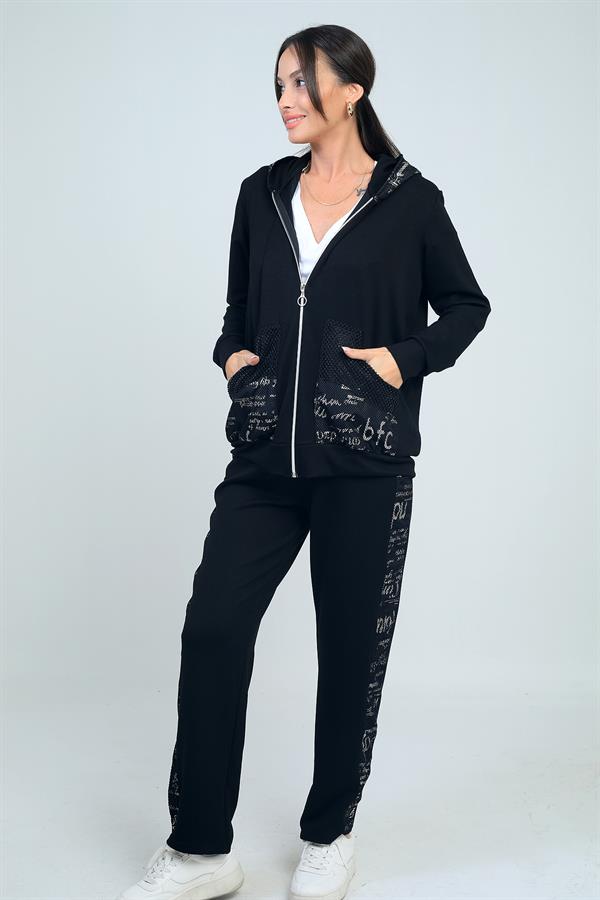 Kadın Kapüşonlu Önü Fermuarlı Cepleri Taşlı File Detaylı Hırka Beli Lastikli Pantolon Yazılı Osyho Kumaş 2'li Takım