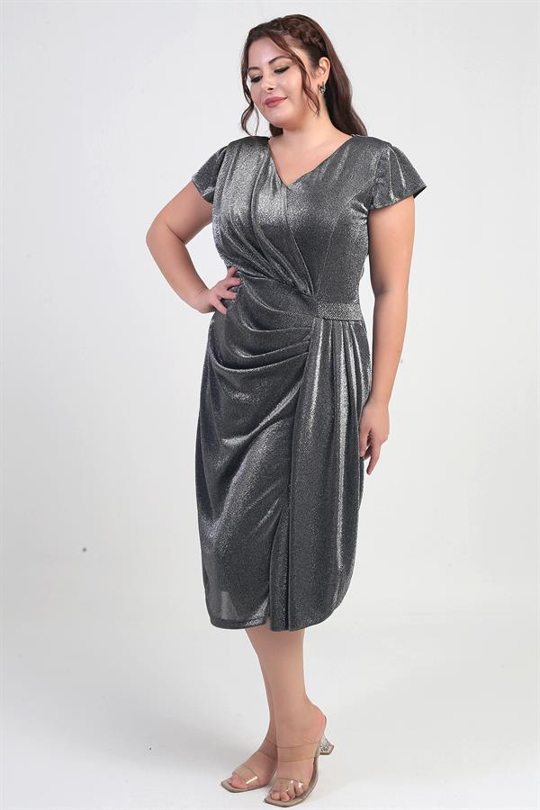 Women's Front Back V Neck Waist Stone Detail Lined Glittery Sandy Fabric Plus Size Midi Dress