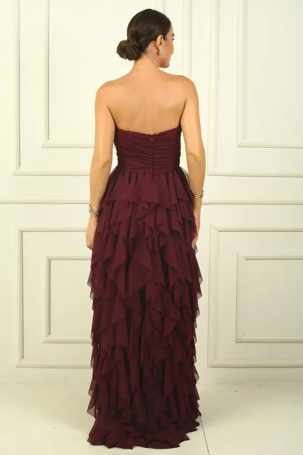 Strapless Front Stone Detail Draped Lined Side Slit Flounce Long Tulle Dress