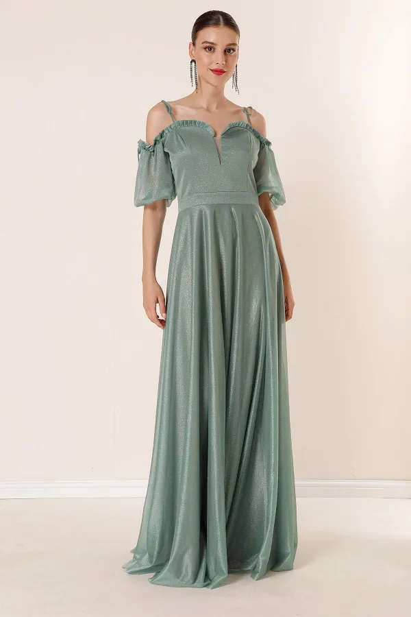 Yakası Piliseli Balon Kollu Astarlı Simli Uzun Elbise