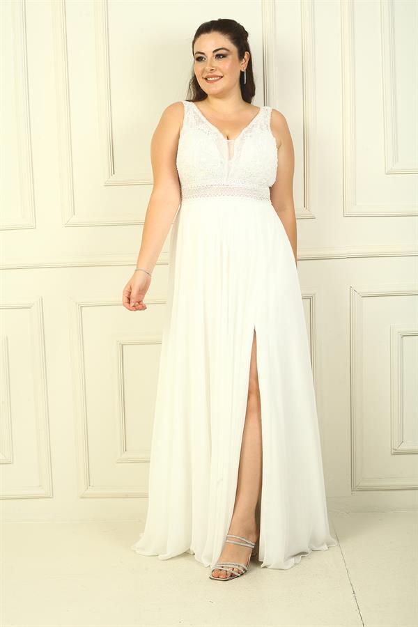 Front and Back V-Neck Top Beaded Floral Motif Lined Long Chiffon Evening Dress