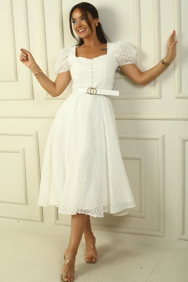 Balloon Sleeve Midi Length Lined Waist Belted Patchwork Fabric Dress