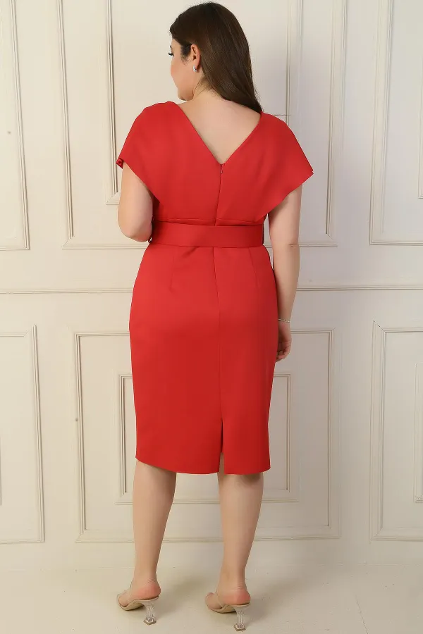 Front Back V Neck Waist Belted Lined Plus Size Dress