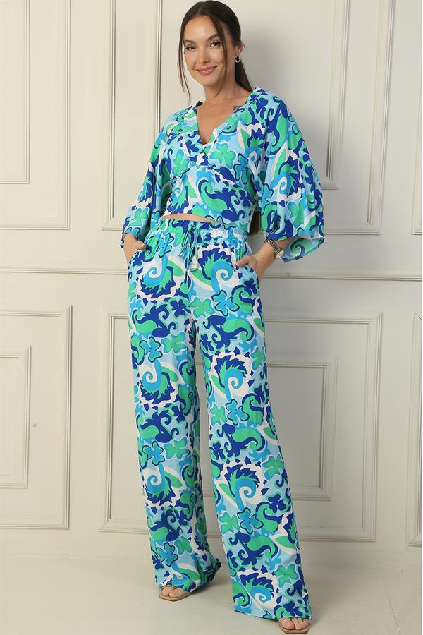 Two-Piece Set of Palazzo Pants with Elastic Waist, Pockets, Front and Back V-Neck, Crop Top, and Ethnic Pattern.