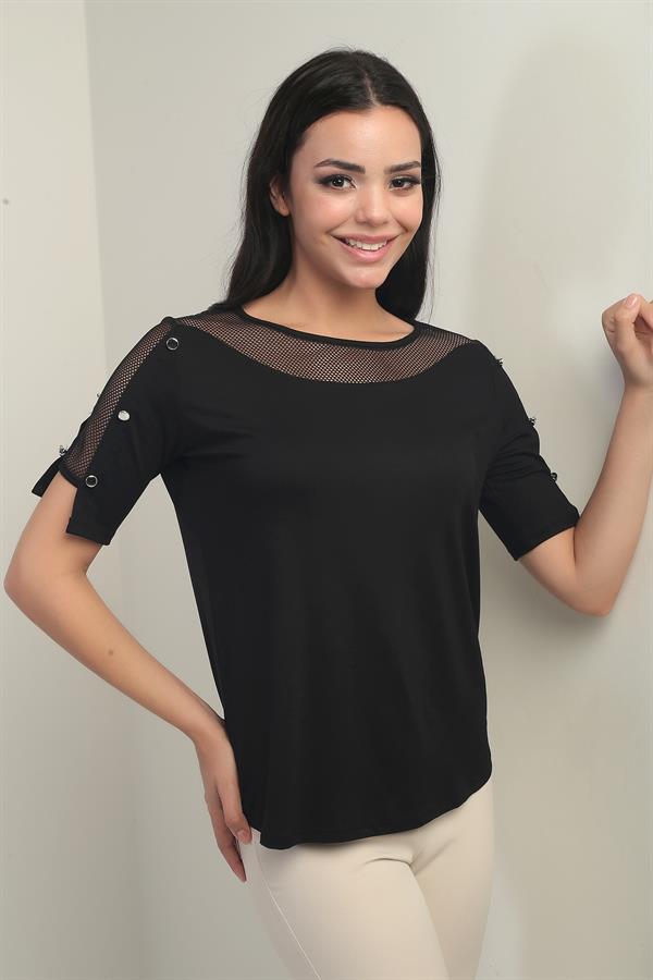 Women's Blouse with Mesh Shoulder and Button Detail, Made of Lycra