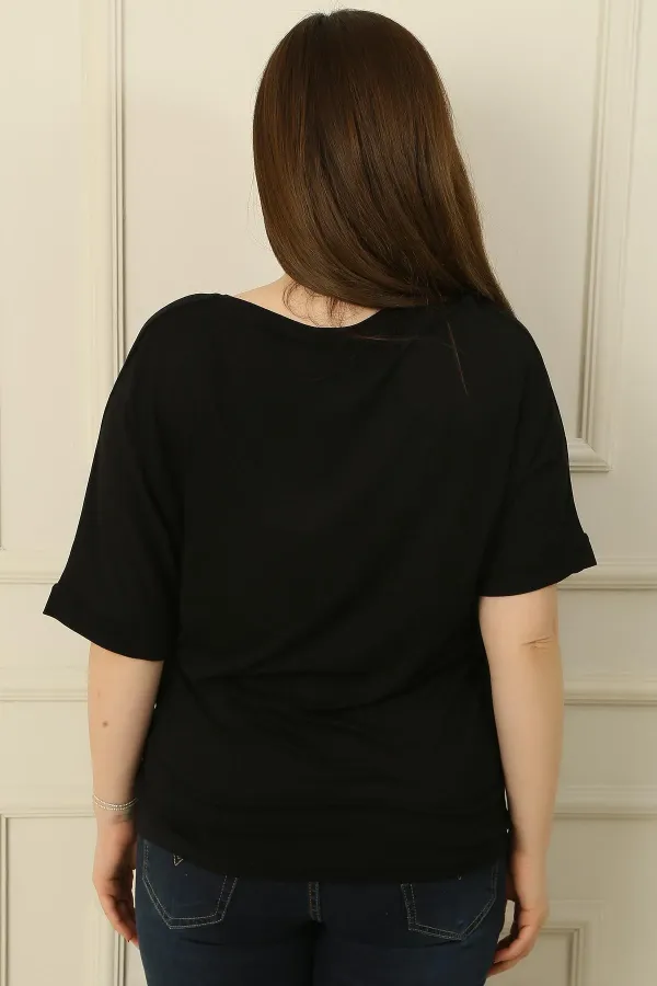 Kadın Piramit Taşlı Kısa Kollu Büyük Beden Bluz