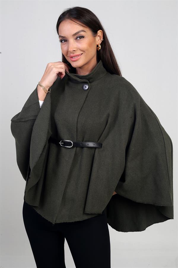 Kadın Düğmeli Beli Kemerli Kaşe Panço