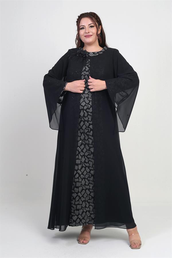 Kadın Üstü Şifon Pelerinli Pul Taş Detaylı Geometrik Desen Likralı B.B. Uzun Elbise