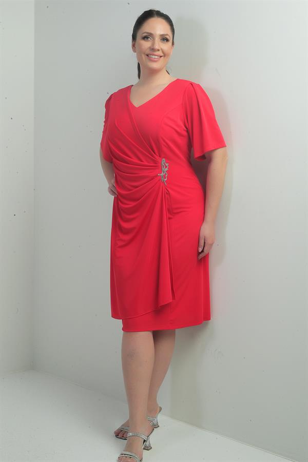 Robe femme à col en V froncée sur le devant avec détails en pierres, doublée, grandes tailles, Lycra