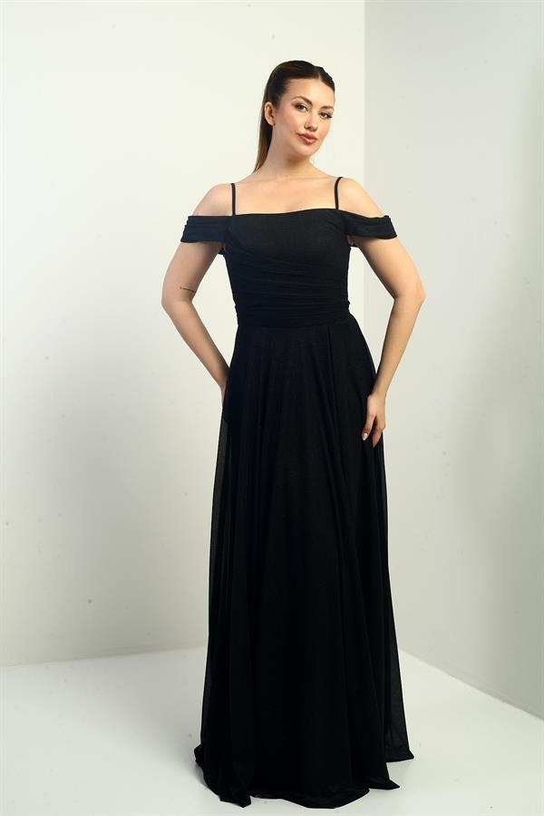 Kadın İp Askılı Eteği Kloş Astarlı Uzun Simli Elbise