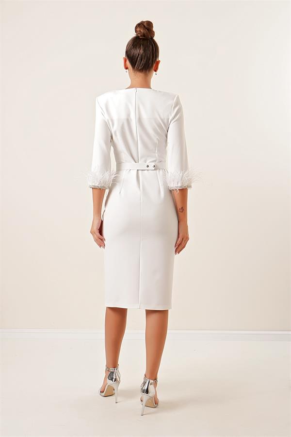 Belted Dress with Embellished Feather and Rhinestone Details on Sleeves