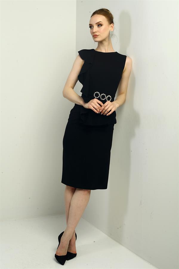 Women's Round Neck Ruffled Belted Crepe Midi Dress