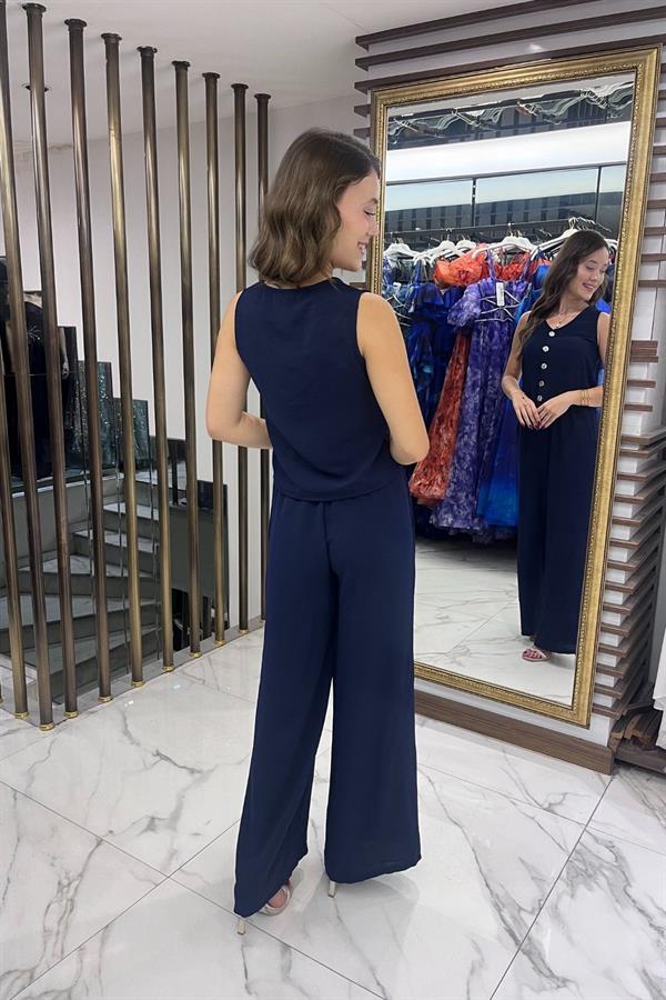 Women's V-Neck Button-Front Blouse, Elastic Waist, Pocketed Palazzo Pants Ayrobin 2-Piece Set