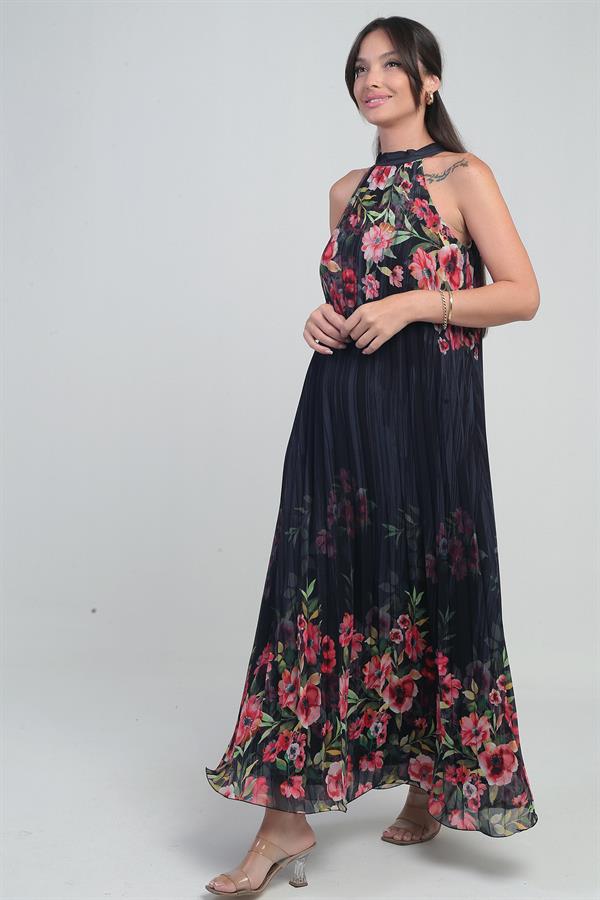 Kadın Çiçek Desenli Astarlı Plisoley Şifon Uzun Elbise