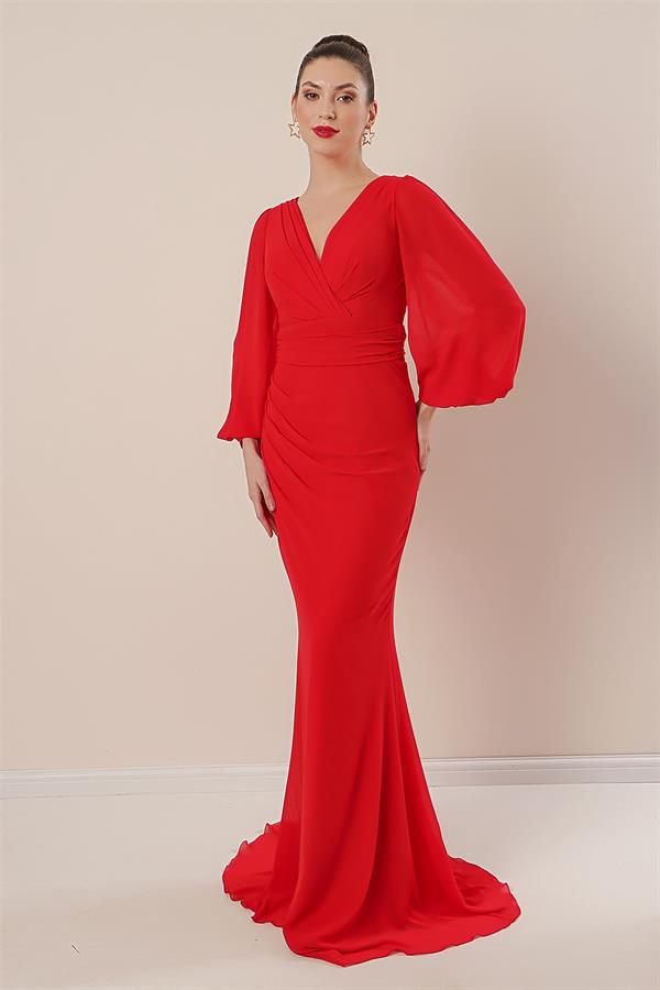 Kruvaze Yaka Önü Büzgülü Astarlı Uzun Şifon Elbise