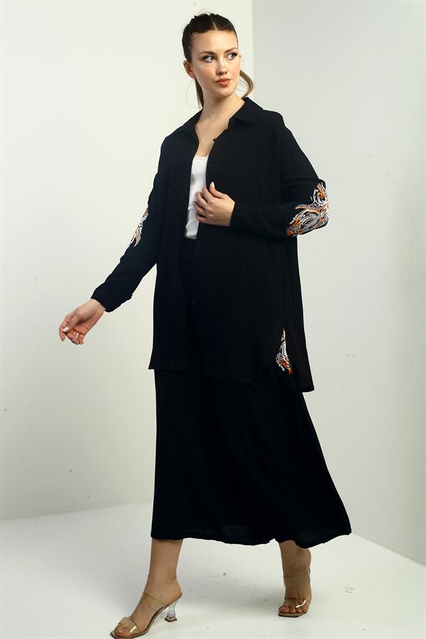 Women's Side Slit Tunic Shirt, Elastic Waist Pocketed Palazzo Pants, Embroidered Oversize 2-Piece Set