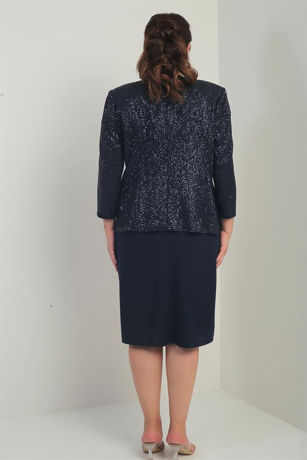 Kadın Kolsuz Astarlı Elbise Pul İşlemeli Ceket Taş Detaylı Büyük Beden 2'li Takım
