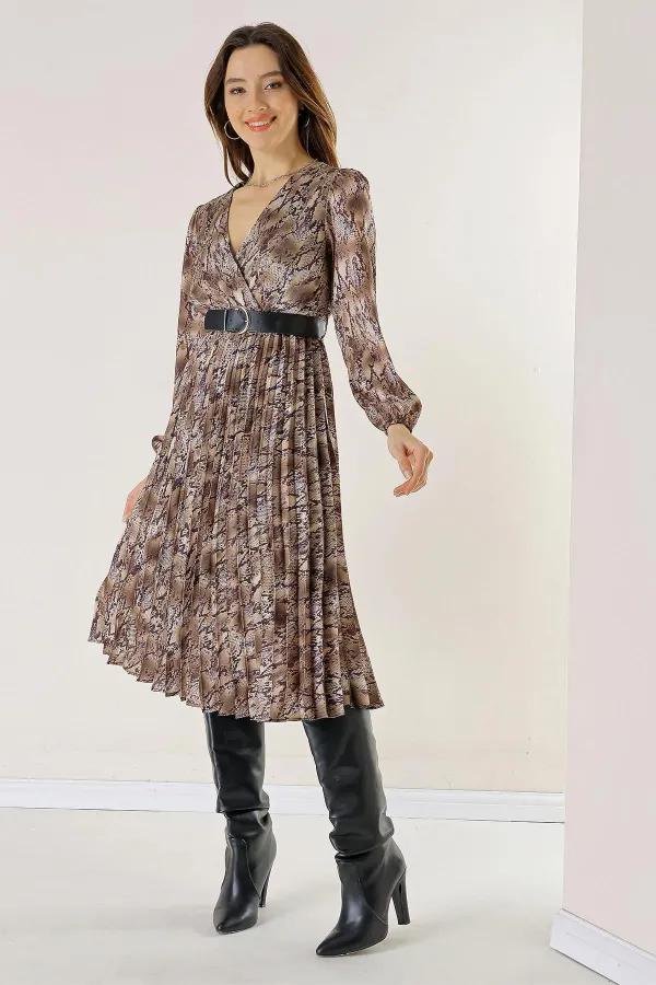 Double-Breasted, Belted, Lined, Snake Patterned Pleated Satin Dress
