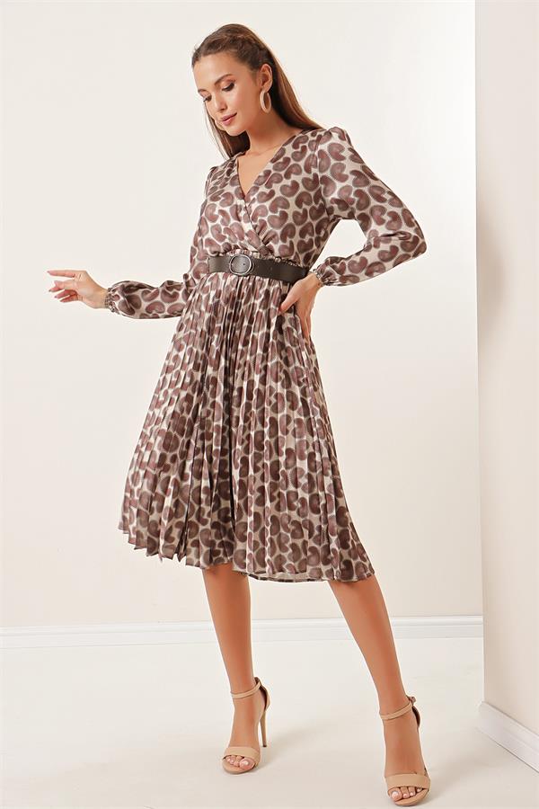Wrap Neckline Patterned Belted Lined Pleated Satin Dress