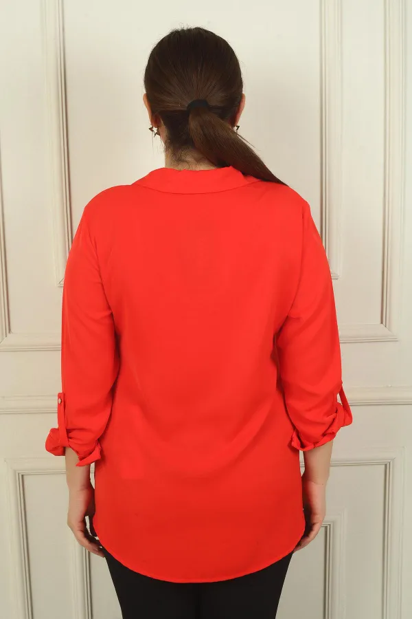 Women's Plus Size Crepe Satin Shirt with Folded Sleeves and Stone Details