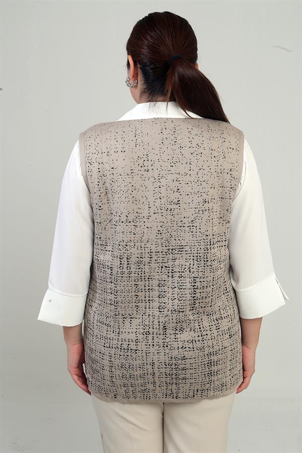 Kadın Önü Metal Düğmeli Celi Kazayağı Desenli Büyük Beden Kısa Triko Yelek