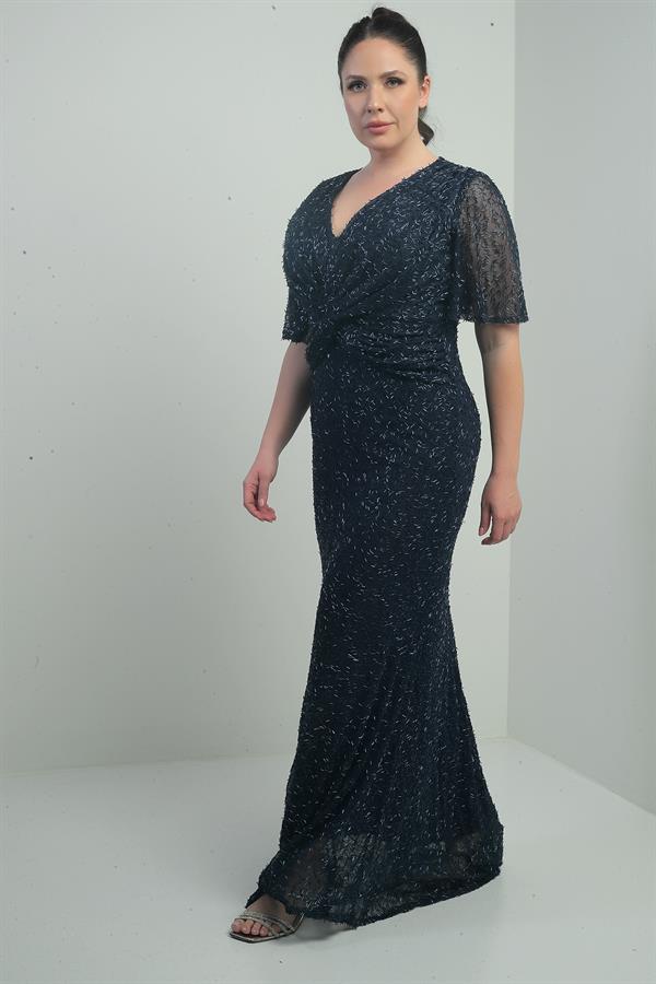 Kadın V Yaka Astarlı Önü Düğüm Detaylı Boru Boncuk İşlemeli Büyük Beden Uzun Elbise