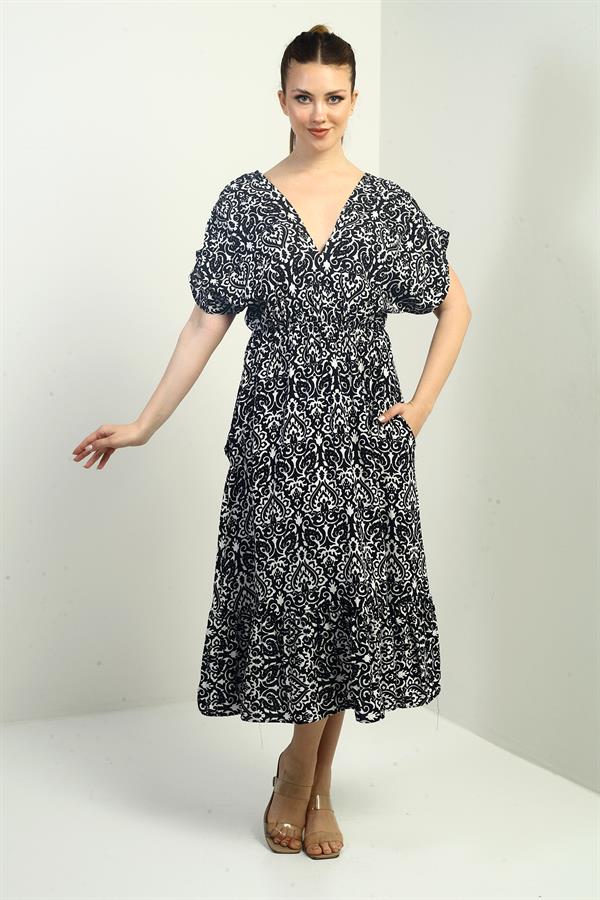 Women's Front and Back V-Neck Batwing Sleeve Pocketed Ethnic Pattern Ruffled Dress