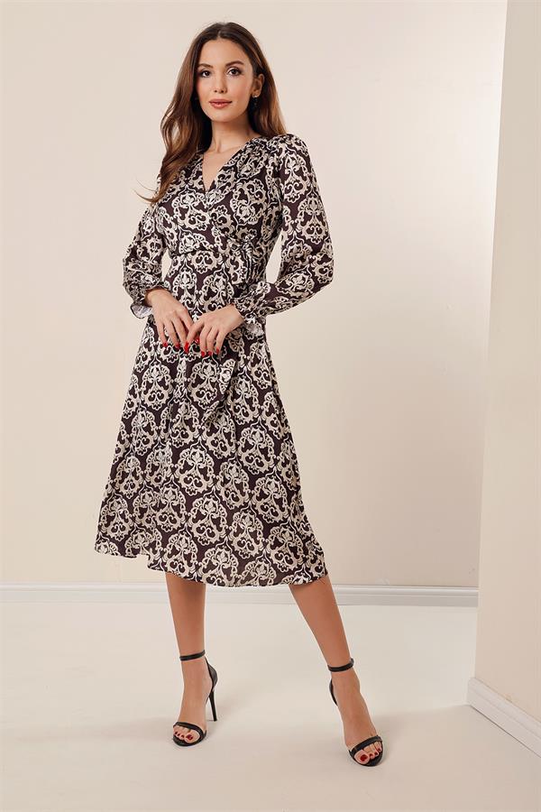 Wrap Neckline Pleated Dress with Drawstring Waist, Lined, Patterned Satin Dress