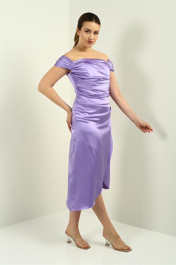 Women's Madonna Neckline Draped Asymmetrical Satin Short Dress