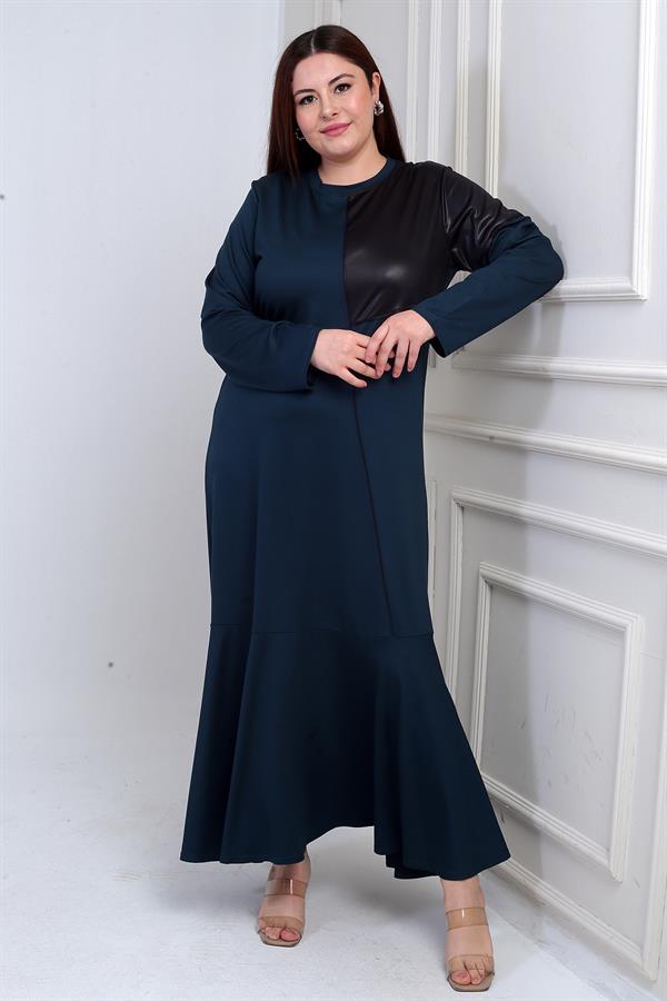 Robe longue grande taille pour femme avec épaules en cuir et jupe à volants