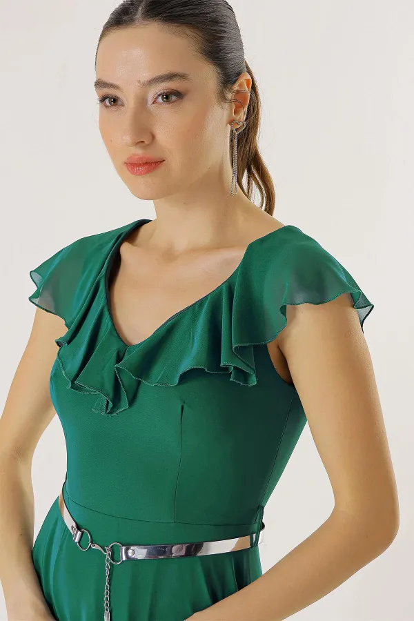 Flounced Collar, Belted Waist, Lined Long Chiffon Dress