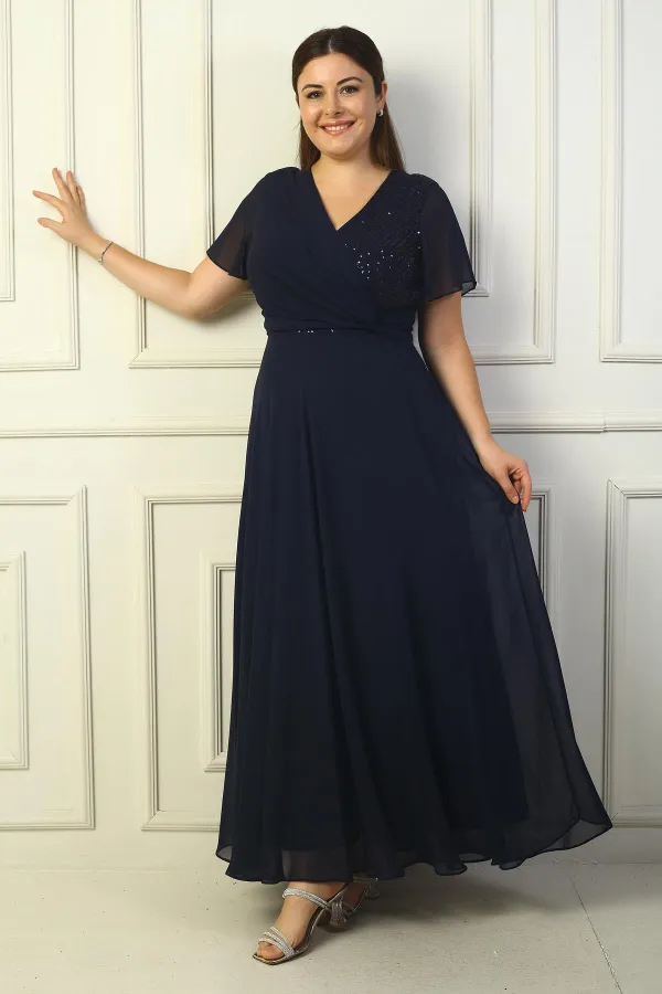 Kadın Kruvaze Yaka Önü Düğümlü Pulpayet Detaylı Astarlı Büyük Beden Uzun Şifon Elbise