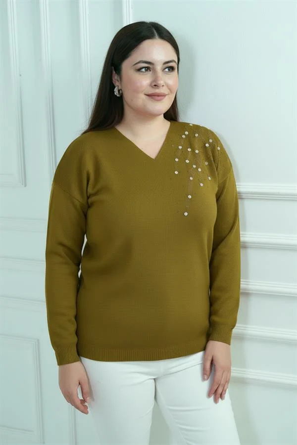 Chemisier en maille à strass grande taille pour femme, col en V