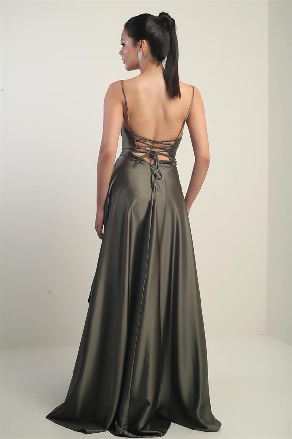 Women's Strappy, Back Lace-Up, Lined, Ruffled Long Satin Dress