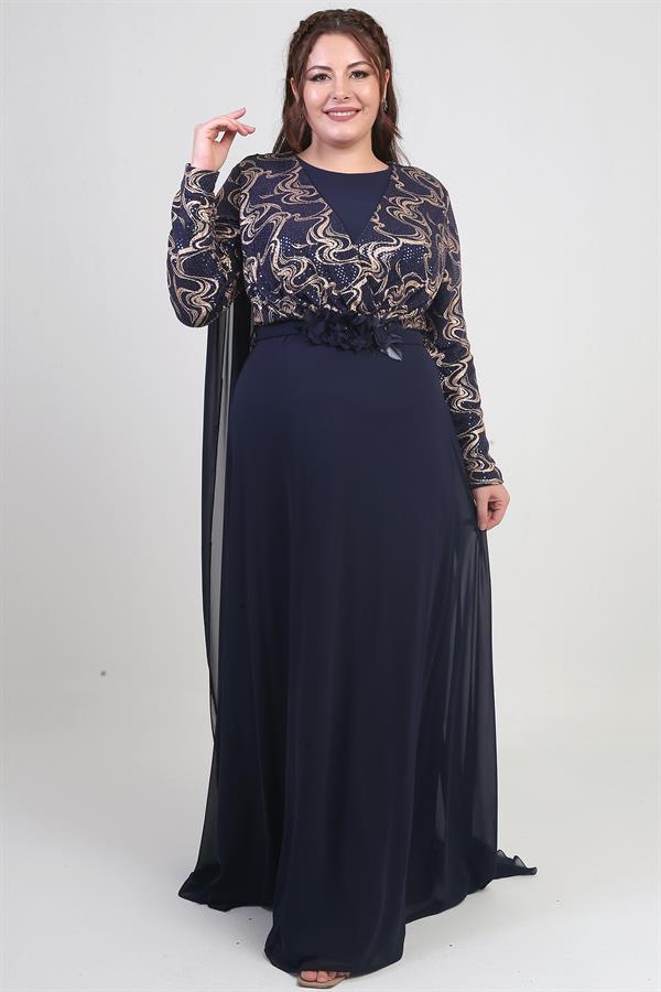 Kadın Kruvaze Yaka Görünümlü Pullu Astarlı Şifon Uzun B.B. Elbise