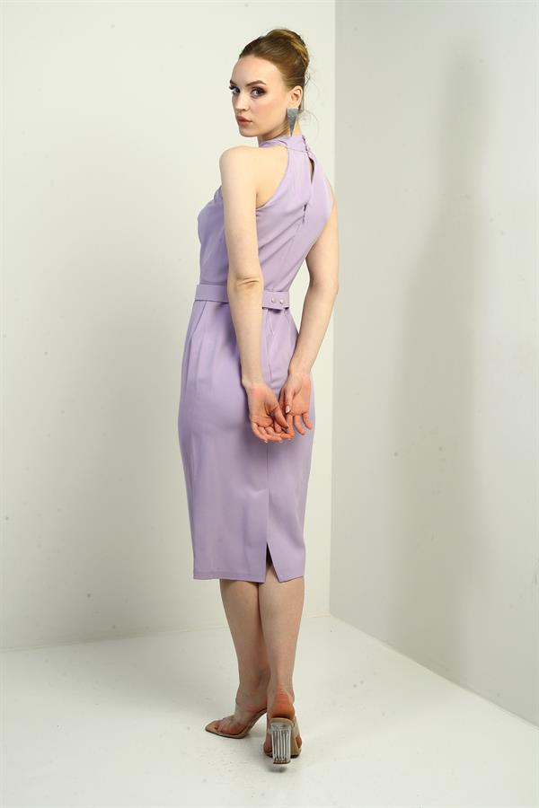 Women's Embellished Cross Neck Belted Midi Crepe Dress