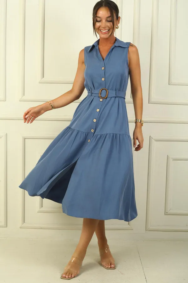 Önü Düğmeli Beli Kuşaklı Uzun Elbise