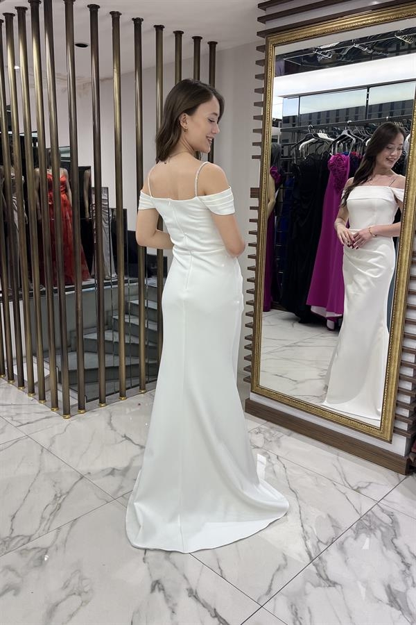 Women's Stoned Thin Strap Low Sleeve Satin Madonna Collar Lined Draped Double Fishtail Dress