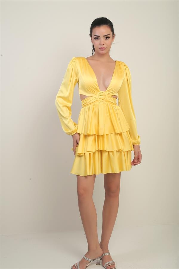 Kadın Ön Arka V Yaka Bel Dekolteli Astarlı Kat Kat Saten Kısa Elbise