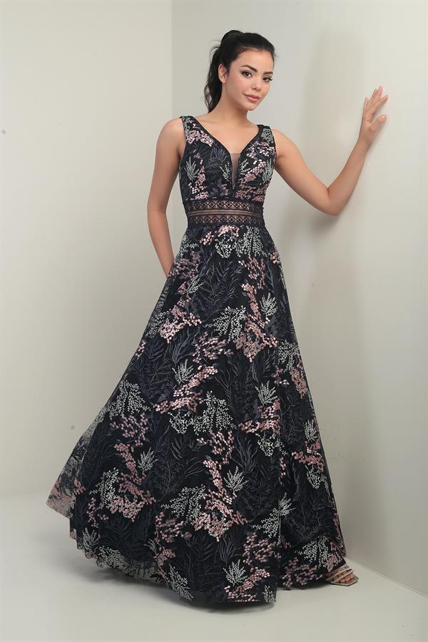 Robe longue évasée brodée pour femme, col en V, bretelles larges, décolleté taille haute.