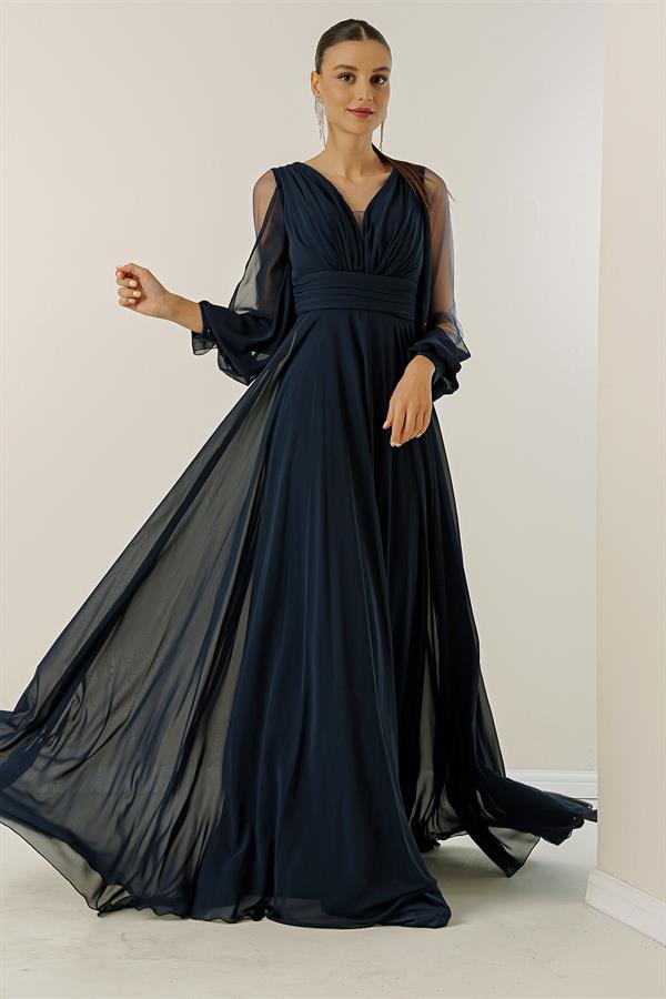 Front and back V-neck, draped front, tulle sleeves, lined, wide-length chiffon dress.