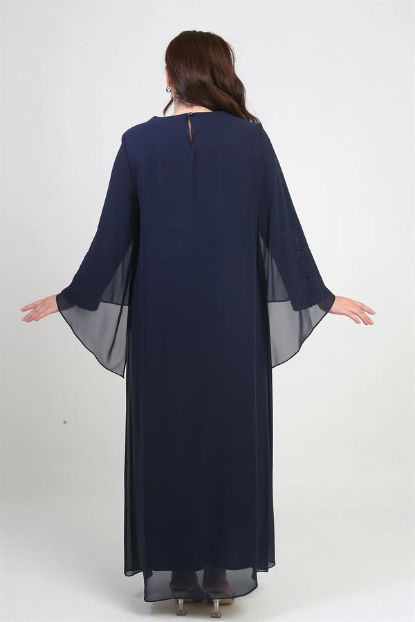 Kadın Üstü Şifon Pelerinli Pul Taş Detaylı Geometrik Desen Likralı B.B. Uzun Elbise