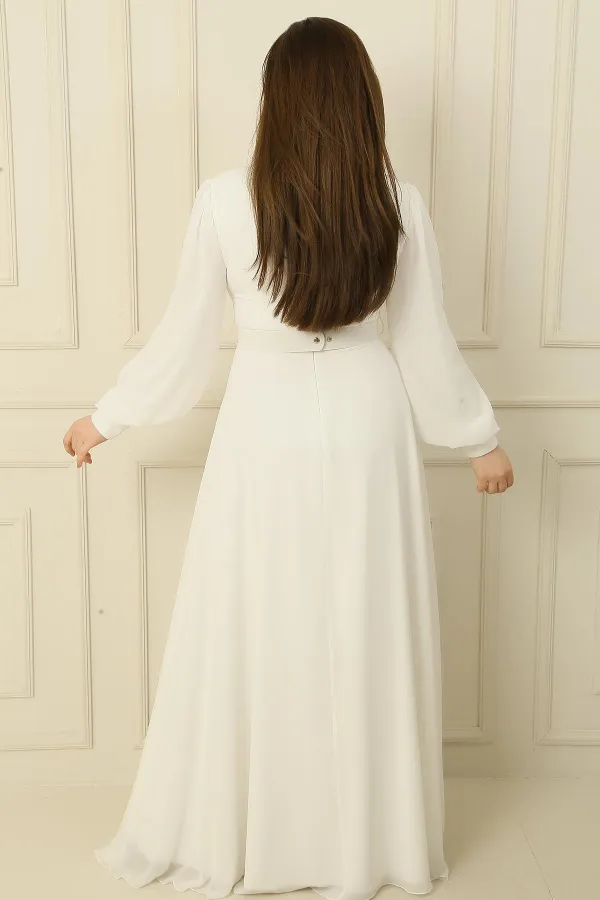 Wrap-neck, belted, lined, plus-size long modest dress.
