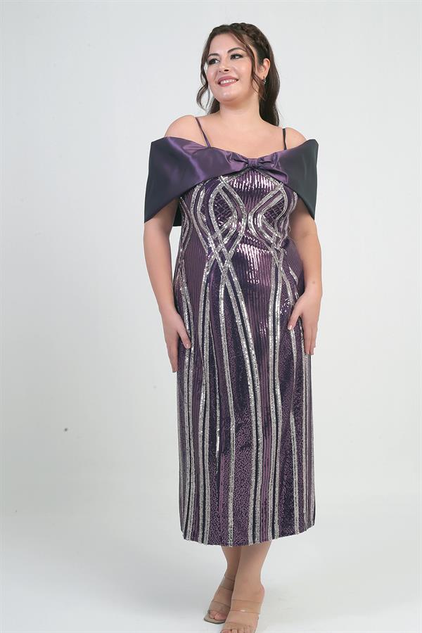 Women's Thin Strap Satin Bow Boat Neck Sequin Embellished Lined Plus Size Midi Dress